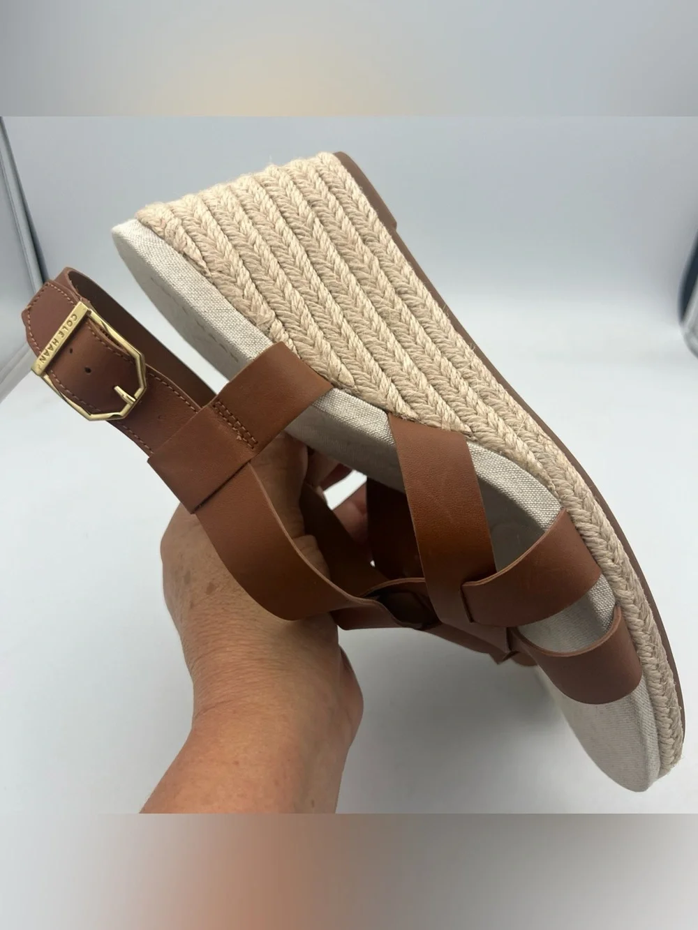 COLE HAAN Crystal Brown Espadrille Strappy Wedge Sandals Women’s Size 9 New